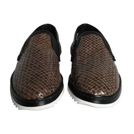 Brown Black Leather Weaved Men Loafers Shoes