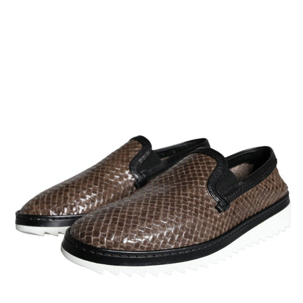 Brown Black Leather Weaved Men Loafers Shoes