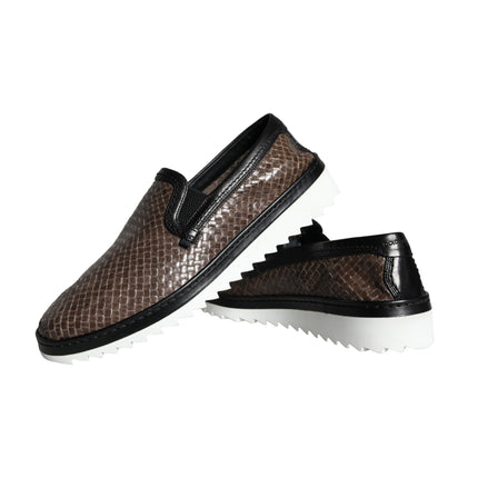 Brown Black Leather Weaved Men Loafers Shoes