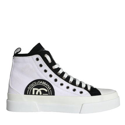 White Black Cotton Logo High Top Sneaker Shoes