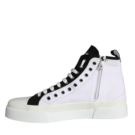 White Black Cotton Logo High Top Sneaker Shoes