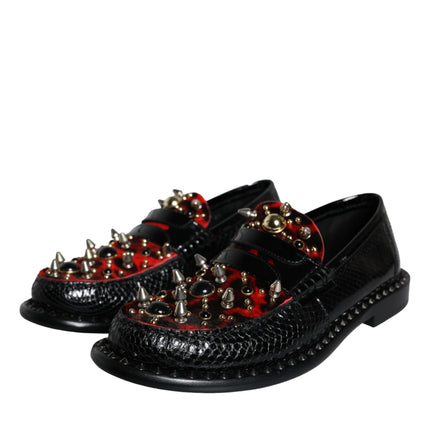 Black Leopard Print Studs Leather Loafers Shoes