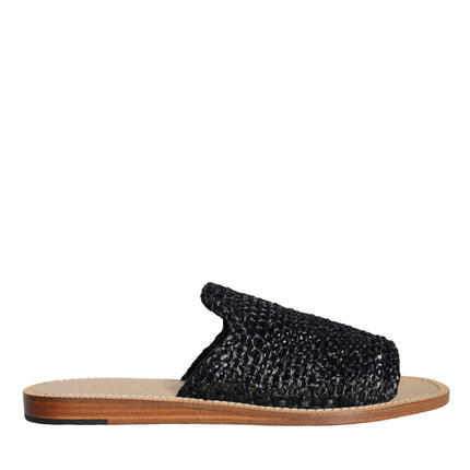 Black Monochrome Braided Raffia Slides Shoes