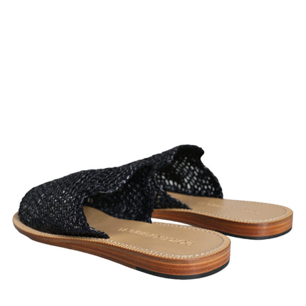 Black Monochrome Braided Raffia Slides Shoes