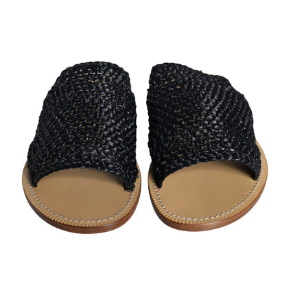 Black Monochrome Braided Raffia Slides Shoes