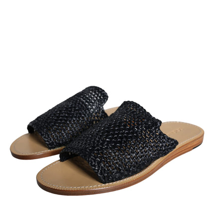 Black Monochrome Braided Raffia Slides Shoes