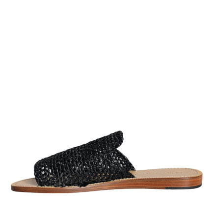 Black Monochrome Braided Raffia Slides Shoes