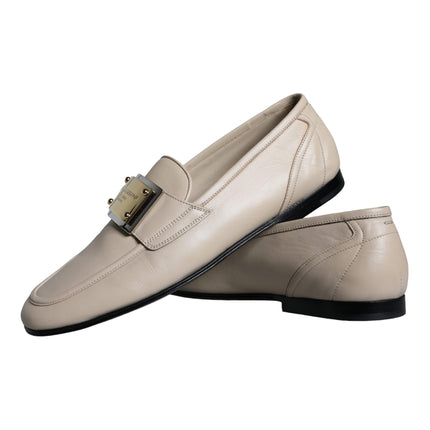 Beige Leather Logo Plaque Slip On Men Loafers Shoes