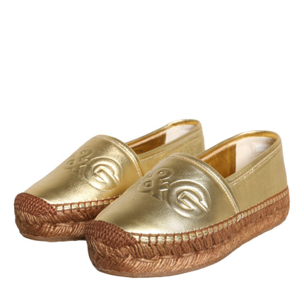 Gold Leather Loafers Flats Espadrille Shoes