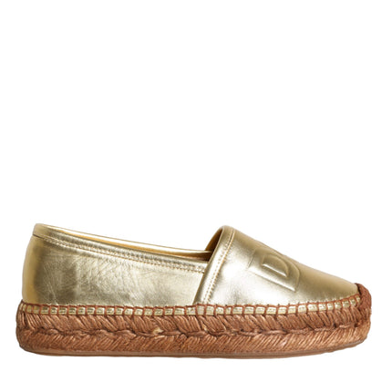 Gold Leather Loafers Flats Espadrille Shoes