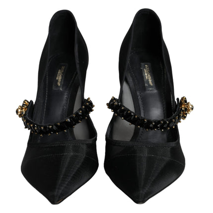 Black Mesh Mary Jane Crystal Heel Pumps Shoes