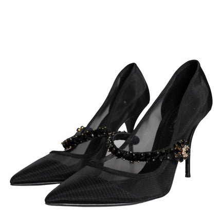 Black Mesh Mary Jane Crystal Heel Pumps Shoes