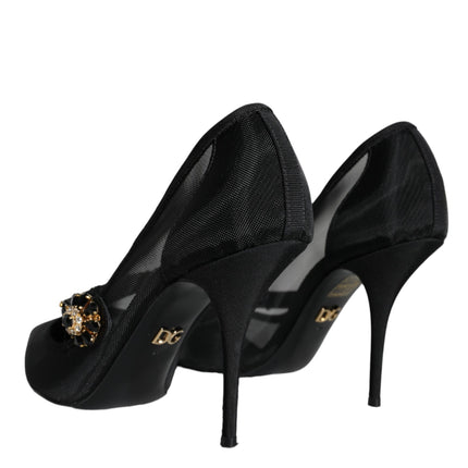 Black Mesh Mary Jane Crystal Heel Pumps Shoes