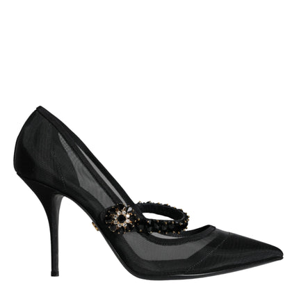 Black Mesh Mary Jane Crystal Heel Pumps Shoes