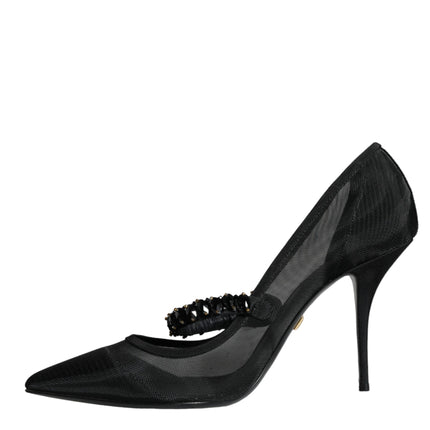 Black Mesh Mary Jane Crystal Heel Pumps Shoes