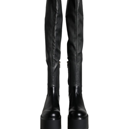 Black Leather Logo Knee High Boots Shoes