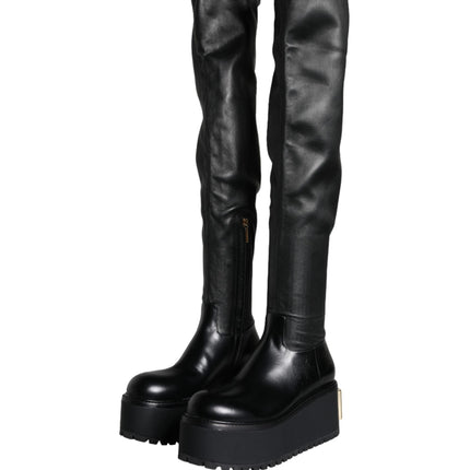 Black Leather Logo Knee High Boots Shoes