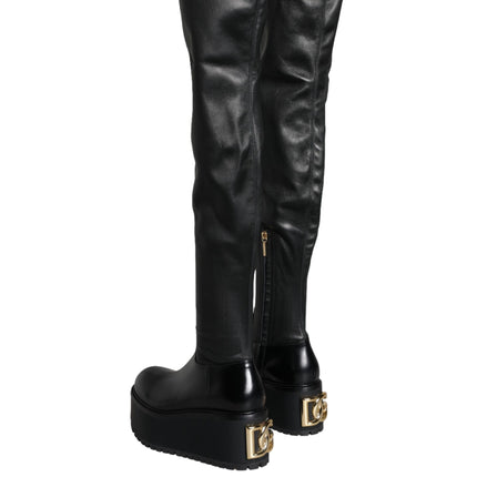 Black Leather Logo Knee High Boots Shoes