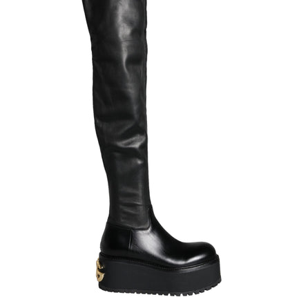 Black Leather Logo Knee High Boots Shoes