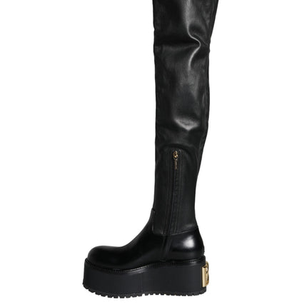 Black Leather Logo Knee High Boots Shoes