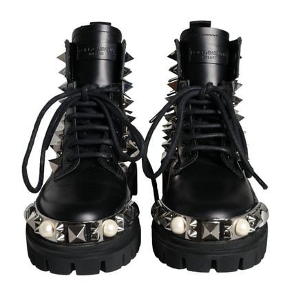 Black Leather Studs Embellished Combat Boots Shoes