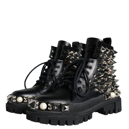 Black Leather Studs Embellished Combat Boots Shoes