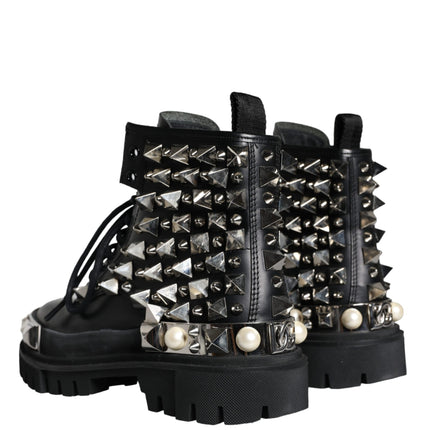 Black Leather Studs Embellished Combat Boots Shoes