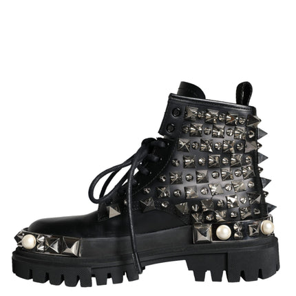 Black Leather Studs Embellished Combat Boots Shoes