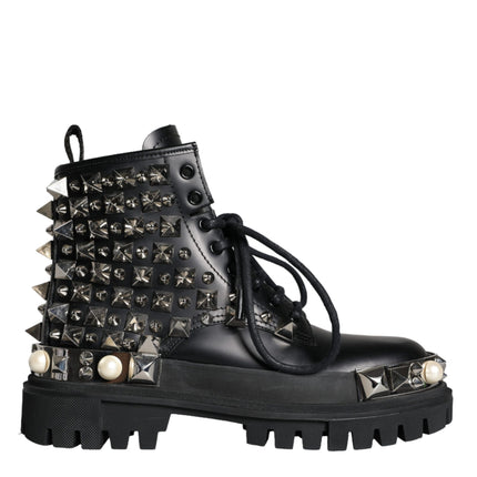 Black Leather Studs Embellished Combat Boots Shoes