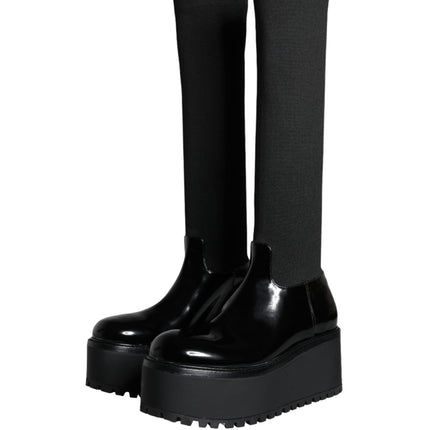 Black Leather Jersey Knee High Boots Shoes