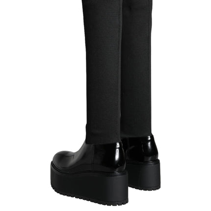 Black Leather Jersey Knee High Boots Shoes