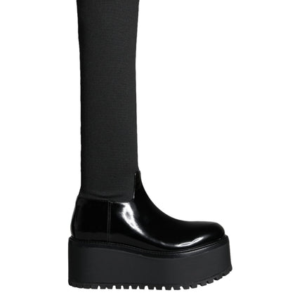 Black Leather Jersey Knee High Boots Shoes