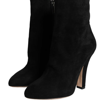 Black Suede Leather Mid Calf Boots Shoes