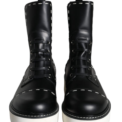 Black Leather Combat Mid Calf Boots Shoes