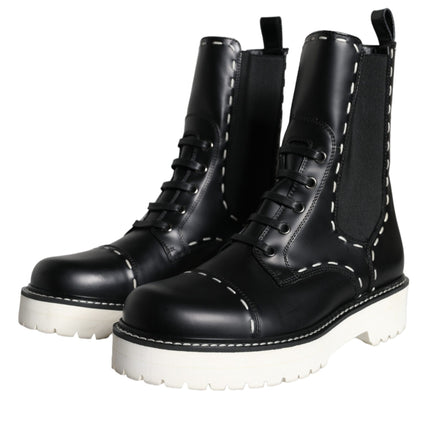 Black Leather Combat Mid Calf Boots Shoes