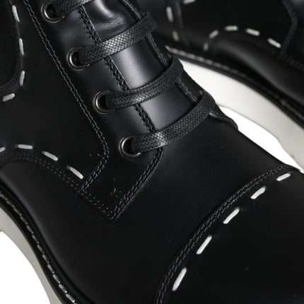 Black Leather Combat Mid Calf Boots Shoes