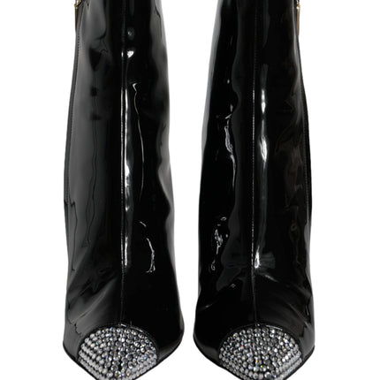 Black Patent Leather Crystal Heel Boots Shoes