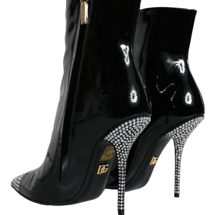 Black Patent Leather Crystal Heel Boots Shoes