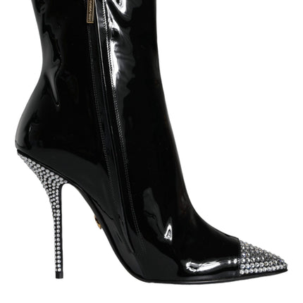 Black Patent Leather Crystal Heel Boots Shoes