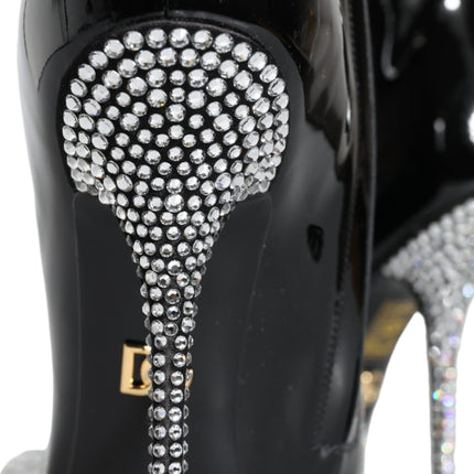 Black Patent Leather Crystal Heel Boots Shoes