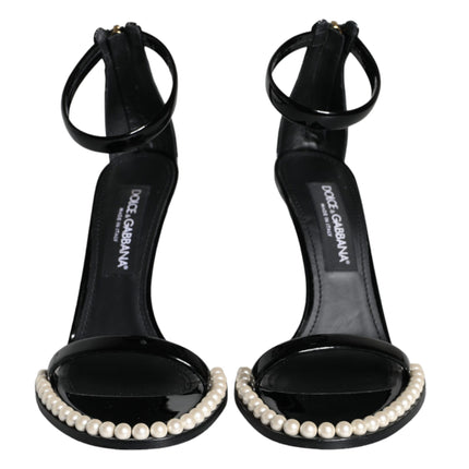 Black Keira Leather Faux Pearl Sandals Heels Shoes