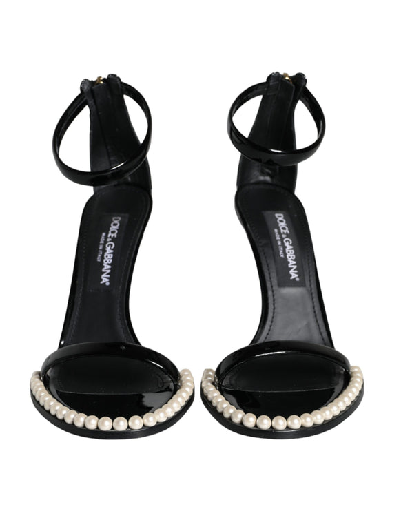 Black Keira Leather Faux Pearl Sandals Heels Shoes