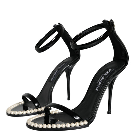 Black Keira Leather Faux Pearl Sandals Heels Shoes