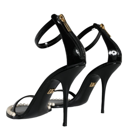 Black Keira Leather Faux Pearl Sandals Heels Shoes