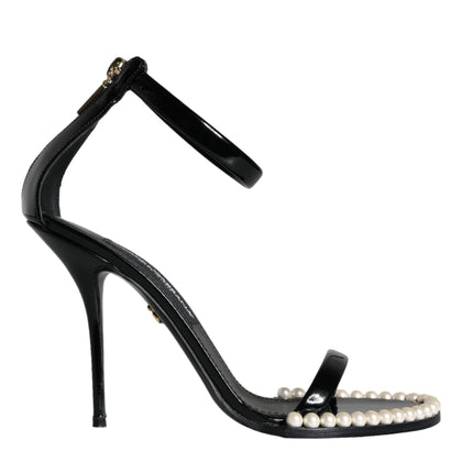 Black Keira Leather Faux Pearl Sandals Heels Shoes