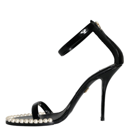 Black Keira Leather Faux Pearl Sandals Heels Shoes