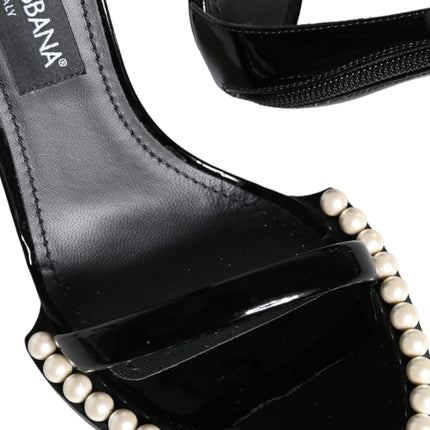 Black Keira Leather Faux Pearl Sandals Heels Shoes