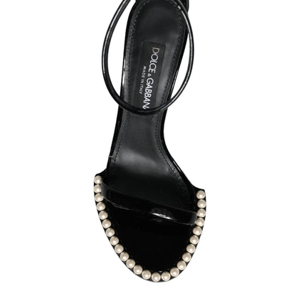 Black Keira Leather Faux Pearl Sandals Heels Shoes