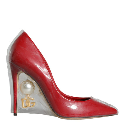 Red Patent Leather Faux Pearl Heels Pumps Shoes