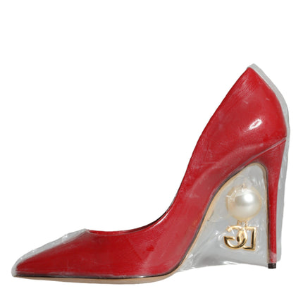 Red Patent Leather Faux Pearl Heels Pumps Shoes